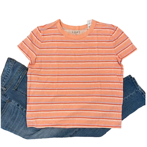 NWT LOFT Peach Breeze Striped Surf Cotton Crewneck Tee - Picture 1 of 11